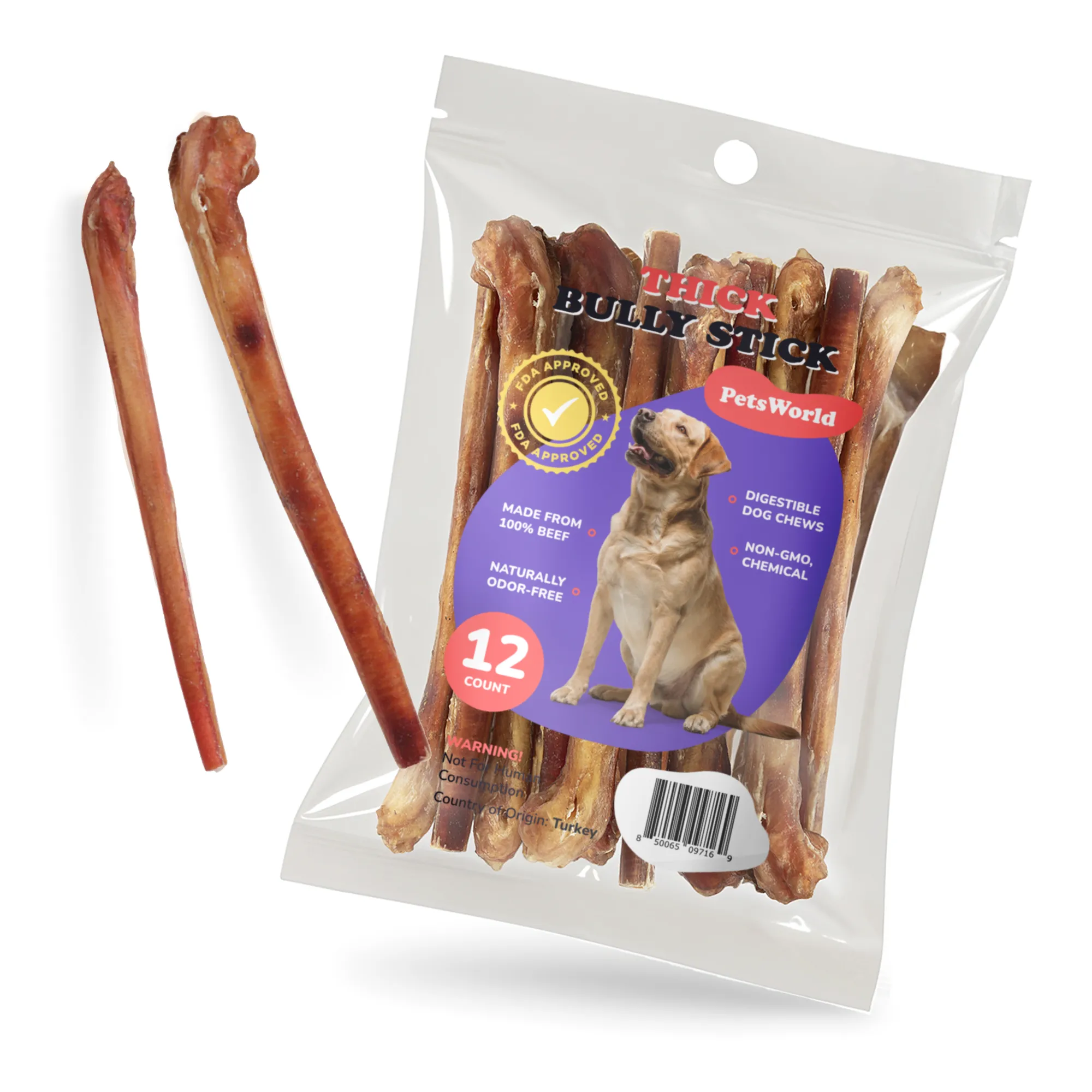 12-Inch Thick Bully Sticks for Medium - Large Dogs