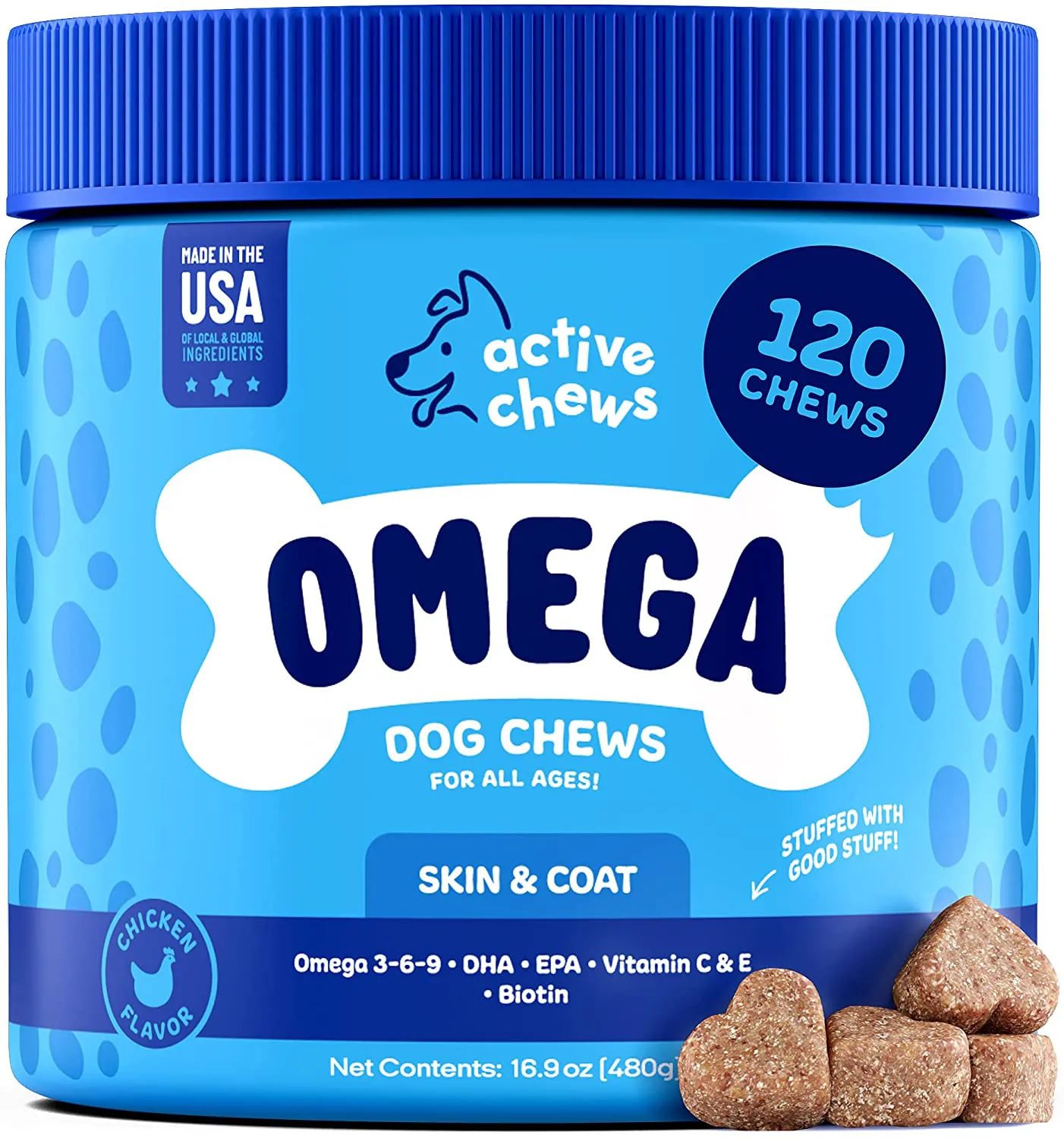 Active Chews Omega 3 Fish Oil for Dogs | Dog Supplement with DHA & EPA Omega 3 6 9, Vitamin B & E and Biotin | Promotes Dog Itch Relief, Joint Support and Heart & Brain Health