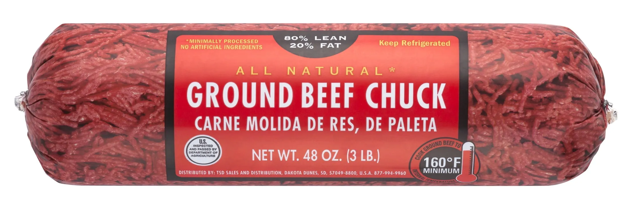 All Natural* 80% Lean/20% Fat Ground Beef Chuck, 3 lb Roll