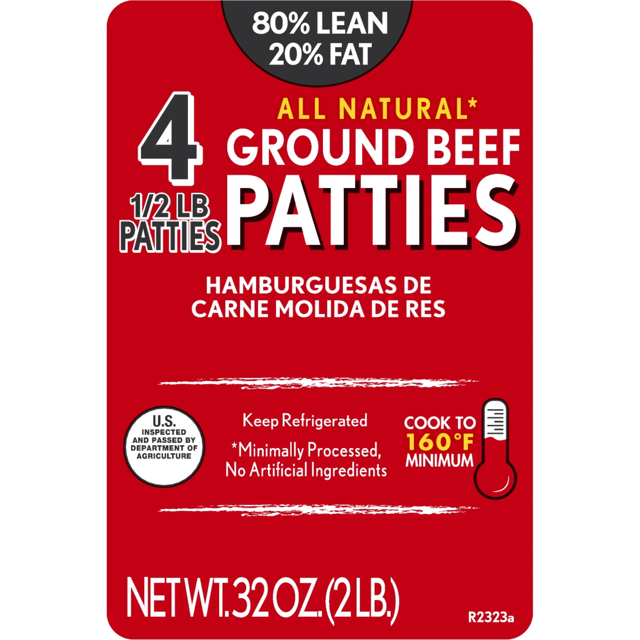 All Natural* 80% Lean/20% Fat Ground Beef Patties, 4 Count, 2 lb Tray