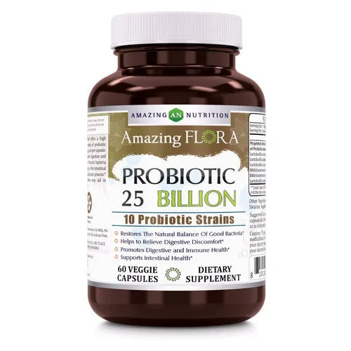 Amazing Flora Probiotic 10 Strains 25 Billion 60 Veg Caps By Amazing Nutrition