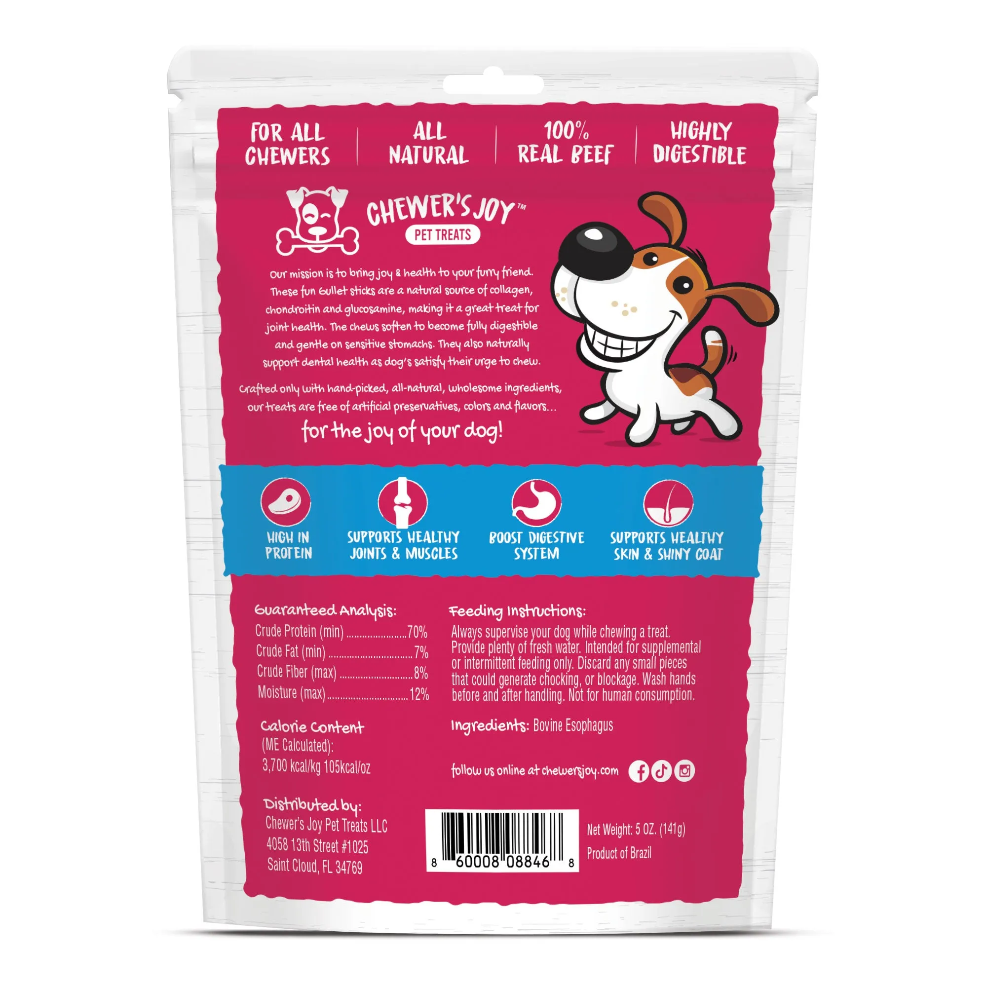 Chewer's Joy  Bite the Gullet, Gullet Sticks  Dog Treats- 5oz, Natural Source of Collagen, Chondroitin, and Glucosamine, a Great Treat for Joint Health. Fully Digestible, Boost Digestive System. High in Protein. Supports Dental Hygiene.