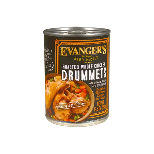 Evanger's Grain-Free Hand Packed Roasted Whole Chicken Drummets Dinner Canned Dog Food, 12-oz