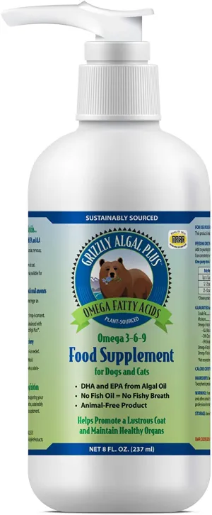 Grizzly Algal Plus Omega Fatty Acids Food Supplement for Dogs & Cats (Various Sizes) - Vegan, Sourced & Made in USA, Plant-Sourced Algal Oil Omega 3-6-9, Lustrous Skin & Coat